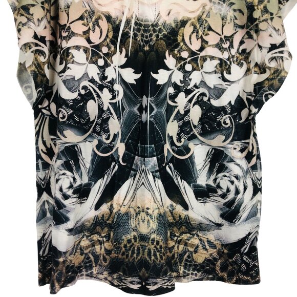 One World Womens Flutter Sleeve Top Sz Large Floral Pattern Embellished - Picture 9 of 11